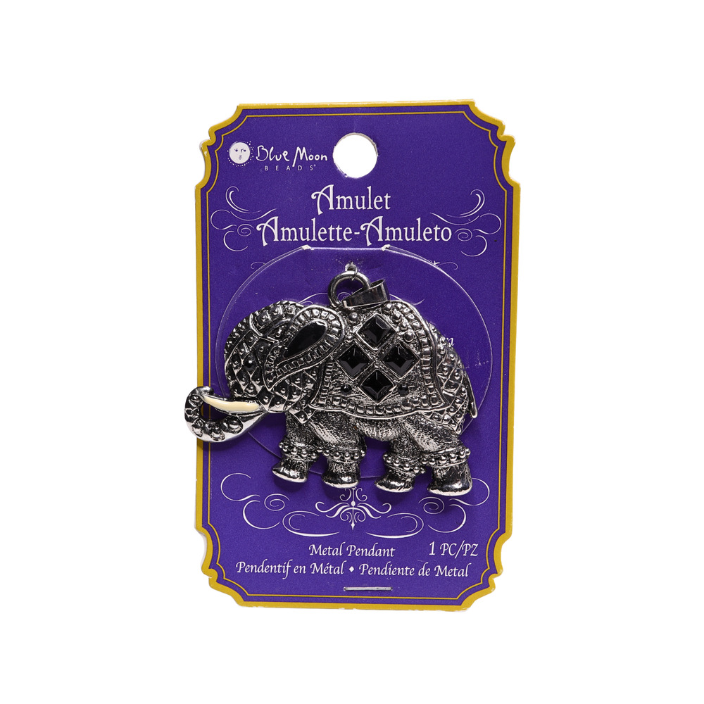 Blue Moon Beads Silver Tone Elephant Metal Pendant Amulet On Card - 2 Inches